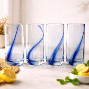 Libbey Blue Ribbon Tumblers Set 4 Cobalt Swirl VTG Highball Glasses Retro Barwar